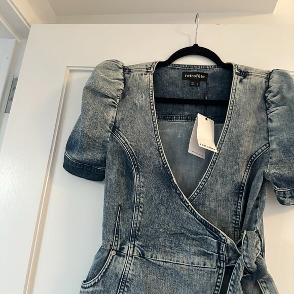 Retrofête Zelda Wrap Dress Distressed Denim In Sienna Puffed Sleeve Front Slit - Picture 7 of 10